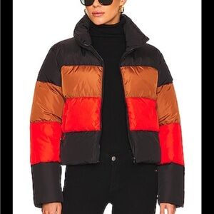 Steve Madden Tri-Tone Puffer Jacket - Black, Red, Brown